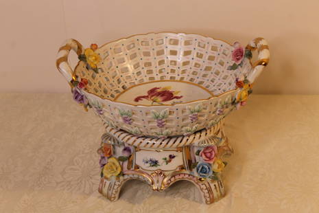 KPM Royal Berlin: KPM Royal Berlin Signed KPM, Royal Berlin reticulated porcelain basket and matching underbase, size 8" tall by 12 wide