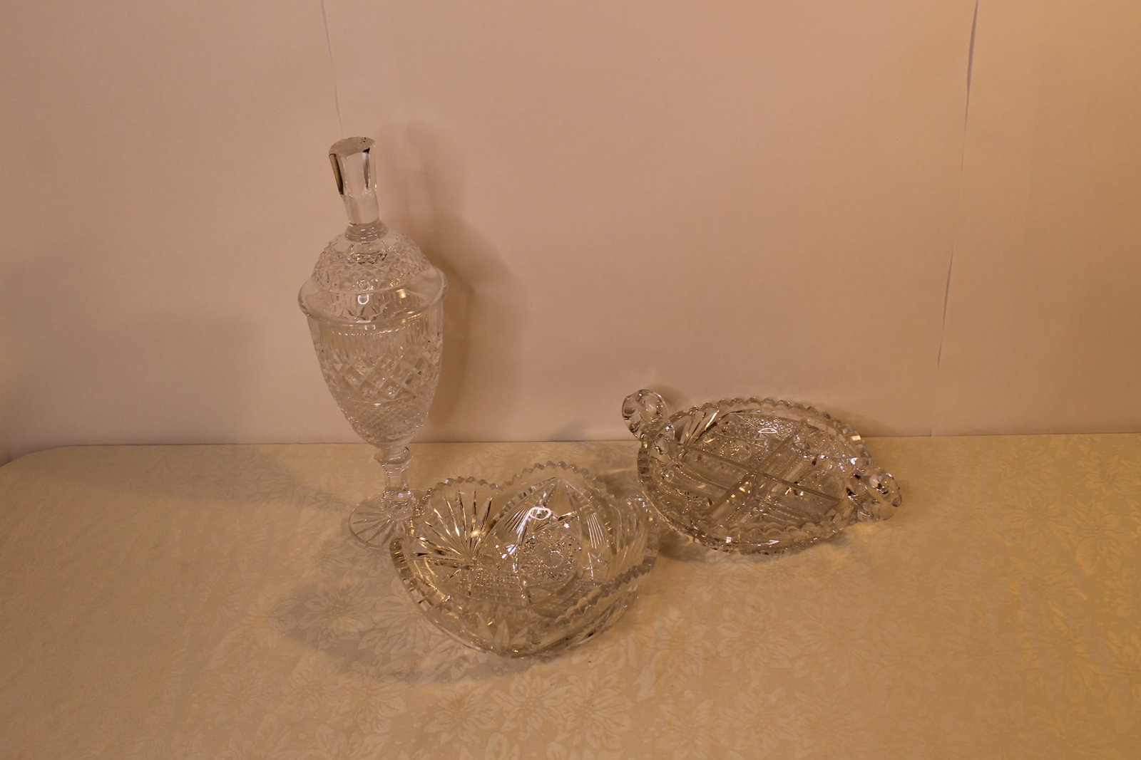 3 Pcs Cut Glass: 3 Pcs Cut Glass 1. Cavan Irish Crystal bowl with lid, size 14"tall, x 5" wide 2. candy Dish, 11" with handles 3. Bowl, 3" tall x 8" wide