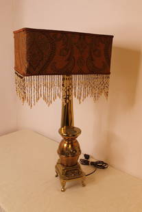 Decorative Brass Pot Belly Stove Lamp: Decorative Brass Pot Belly Stove Lamp Brass lamp in the shape of a pot belly stove, adjustable height from 24" to 28" and with hand made beadwork shade.