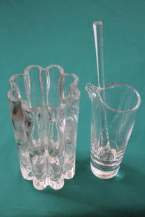 Orrefors Vase #4203/231 & Cocktail Shaker: Orrefors Vase #4203/231 & Cocktail Shaker Art glass vase signed Orrefors, #4203/231, 10" tall by 5" diameter, along with an Orrefors cocktail shaker and stirer9" tall