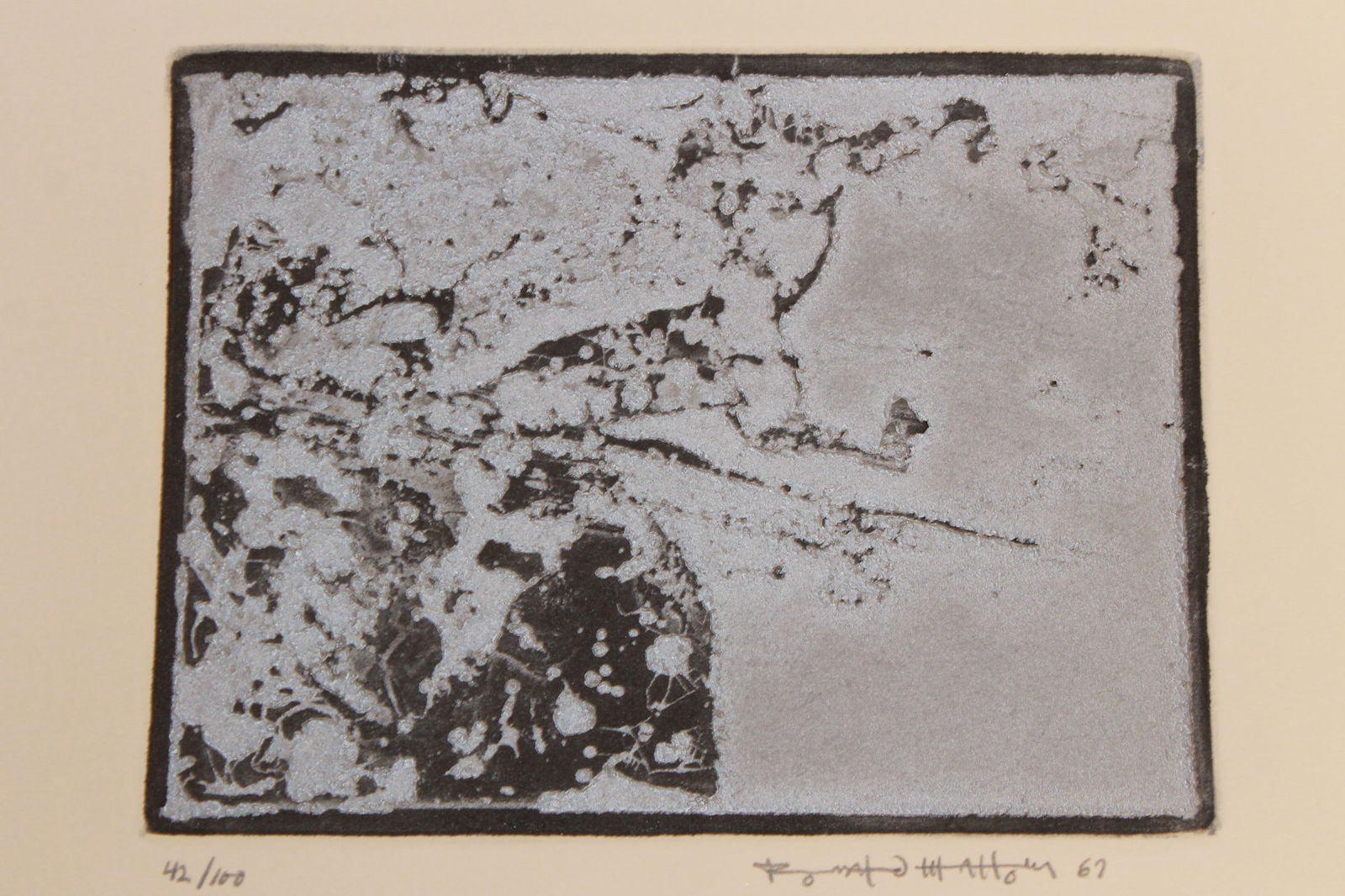 Ronald Mallory Etching: Ronald Mallory Etching Etching on copper, signed Ronald Mallory and titled "Organa #42/100 " and dated 67. sheet size 8 x 11 unframed and in a Galeria Bonino, New York folder