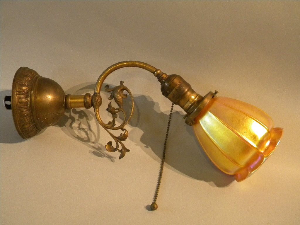 Quezal wall sconce: Victorian wall sconce with Quezal signed shade, gold iridescent