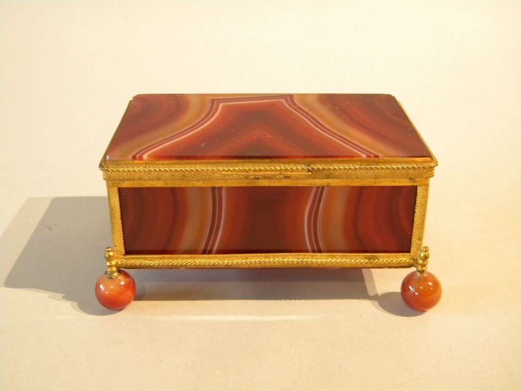 Classical Agate Trinket Box: Jewel box, agate and gold dore, footed, size is 4 1/2" x 2 1/2"