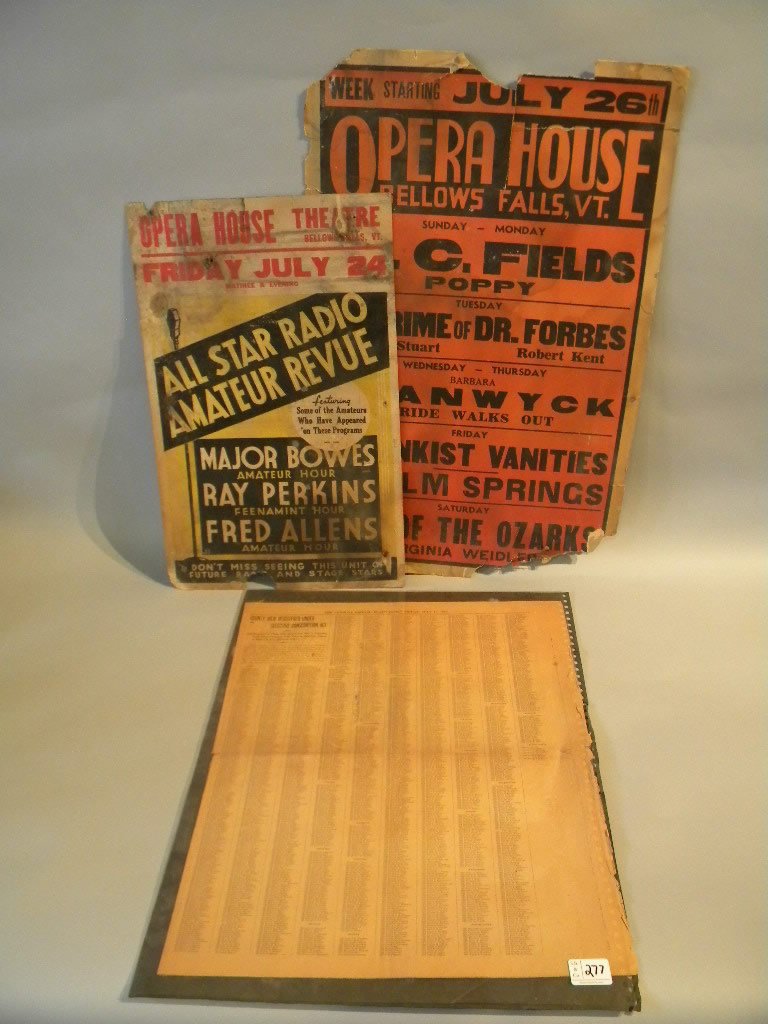 Lot of 2 posters and newspaper pages: Vermont Phoenix newspaper pages 1917, W.C. Fields "Poppy" 1936 Bellows Falls Opera House, size is 28 x 18, and a 22 x 14 Opera House Theatre Amateur Review