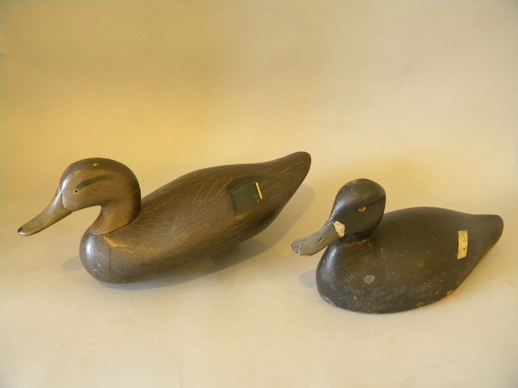 2 Duck Decoys: 1. 16 3/4" long, has paper label attached to underside that reads "Havre De Grace, Maryland, R. Maddison Mitchell" 2. 15 3/4" long, black duck, has a double ring cut out on underside, unknown maker