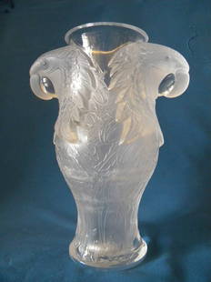 Lalique McCaw Vase: Signed Lalique McCaw vase, size is 13" tall by 10" diameter