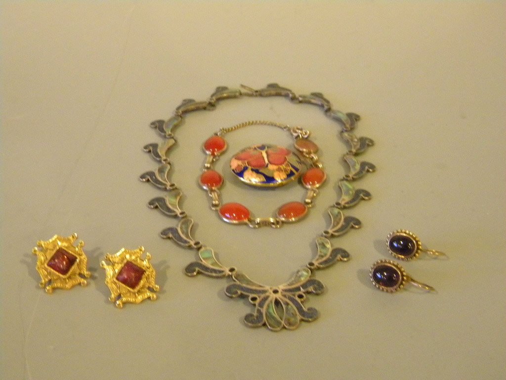 A. Carci Mexican Sterling & Abalone Necklace plus: 1. Taxco, A. Carci sterling and abalone 14" necklace, 2. Cloisonné 1 1/4" butterfly round pendant, 3. Stacy Sklare 1/2" sterling and stone wire earrings, 4. Costume bracelet 8", 5. costume earrings 1