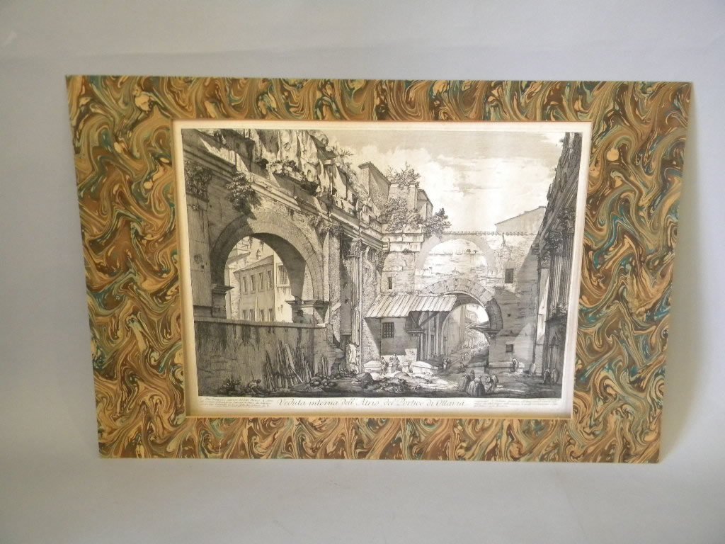 Giovanni Battista Piranesi [Italian 1720-1778]: The Portico of Octavia" Interior from Vedute di Roma, black and white etching 1760, plate size is 16 1/8" x 21 5/8" signature lower right "Piranesi Architetto fec.