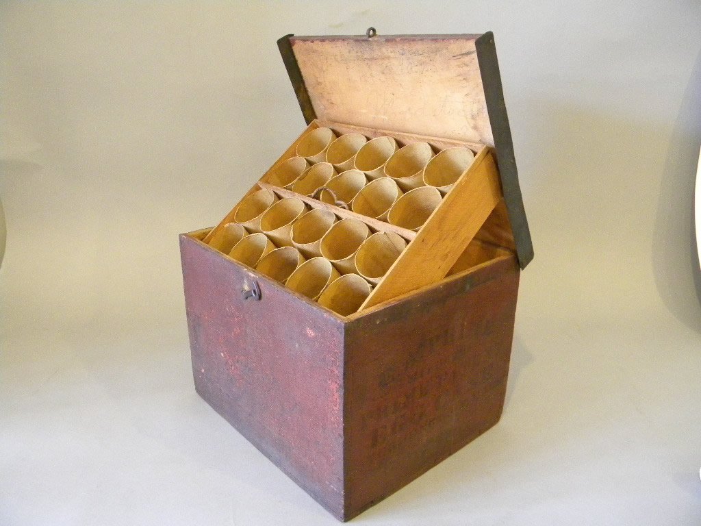 Primes Patented Egg Case, Winchendon MA: Egg case in old red, all original with black stenciling, Primes mfg of the prime patent egg case, Winchendon MA. It is fitted with 3 interior compartments and size is 8 1/2" x 11 x 9 1/4".