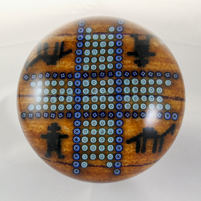 Baccarat, Modern 2001 Paperweight: Modern Baccarat 2001 paperweight. Cane 1, millifiori, patterned. Voyage Collection- Tapis Gafsa. (Solid "carpet" ground with cross millifiori cane pattern with black silhouette figures in open corners