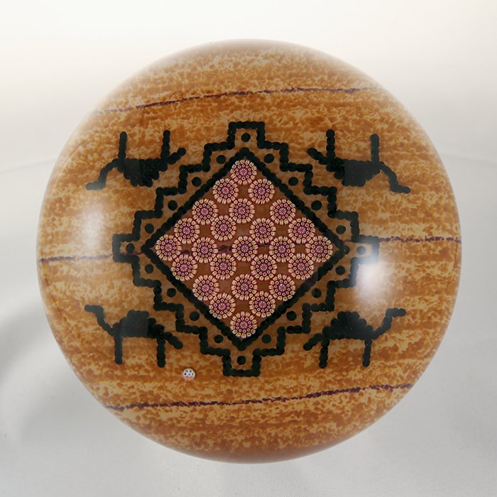 Baccarat, Modern 2001 Paperweight: Modern Baccarat 2001 paperweight. Cane 1, millifiori, patterned. Voyage Collection- Tapis Kairouan. (Solid "carpet" ground with millifiori cane square and black silhouettes on square sides.) A heavy w