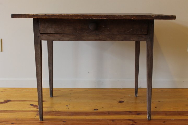 45. Hepplewhite 1 Draw Tavern Table: Hepplewhite tavern table with scrubbed top. Measures 27" tall by 36" wide by 27" deep