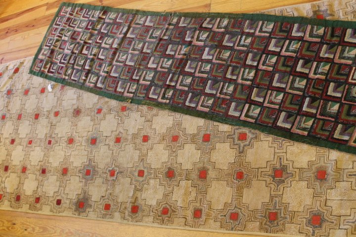 119. 2 Hooked Rug Runners: 1. Green Bordered geometric runner 2'3" x 8'9" 2. Cream and red square 10'1" x 4'2"