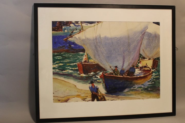 157. Watercolor, attributed to John Whorf: Fishing boats at waters edge. Sight size is 20 3/4" x 28" matted and framed. Signed lower right "John Whorf 24" .