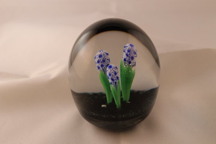 Baccarat, Modern 1982 Paperweight: Modern Baccarat 1982 paperweight. Cane 1, lampwork, flower, hyacinth. 3 Blue hyacinths, green leaves, dark green ground. (18430). Size is 2 1/2" wide by 3" tall
