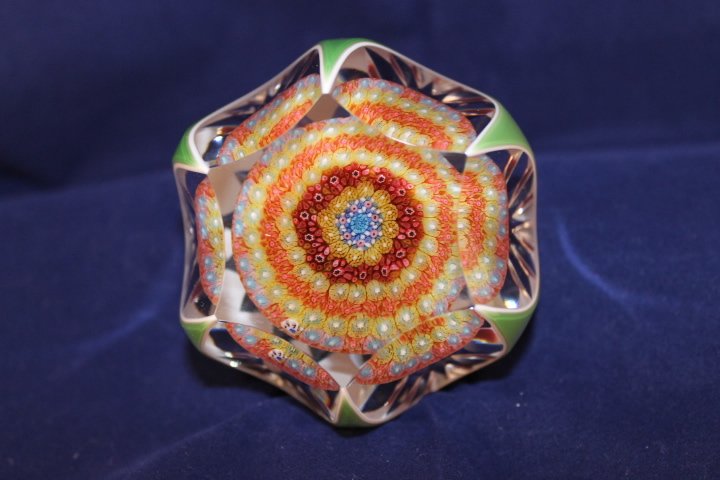 Baccarat, Modern 1970 Paperweight: 1970 Cane 1, millifiori, mushroom. Concentric, 8 rings, complex canes, pink, white, blue, red, amber & yellow, outer amber canes pulled to form stem, green, white double overlay, fancy cut base, shape