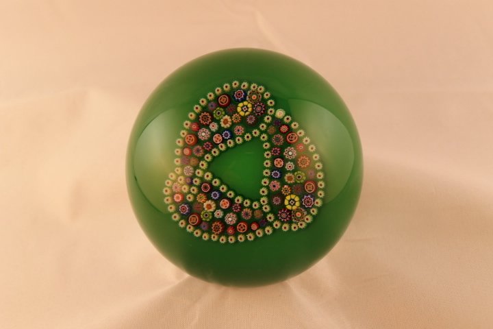 Baccarat, Modern 1998 Paperweight: Modern Baccarat 1998 paperweight. Cane 1, millifiori, patterned, garlands. "Cashmere" Patterned Millifiori with 3 loops of complex canes on green ground. Size is 3 1/4" wide by 2" tall, has box