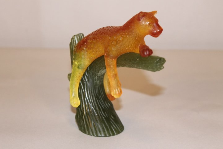 Daum France Crystal Panther on Green Tree: #2850 Luminous crystal amber panther on green tree, 6" tall, signed Daum France