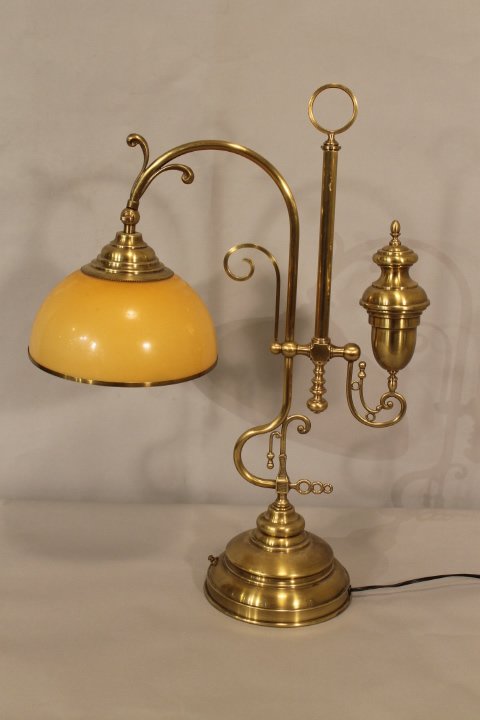 Brass Adjustable Students Lamp: Heavy brass student lamp with gold cased glass shade, 26 1/2" tall