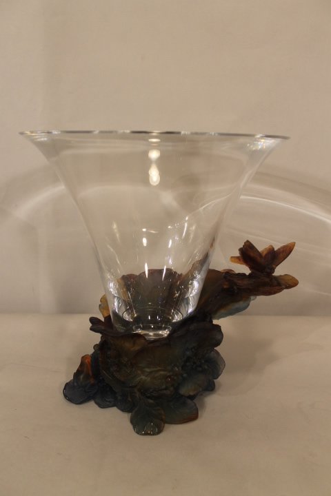 Daum France, Pate De Vere "Papillon" Vase: Signed Daum France pate de vere and clear glass vase, base has frogs, butterfly's, clear glass insert to top, size is 12" tall with an 11" dia.