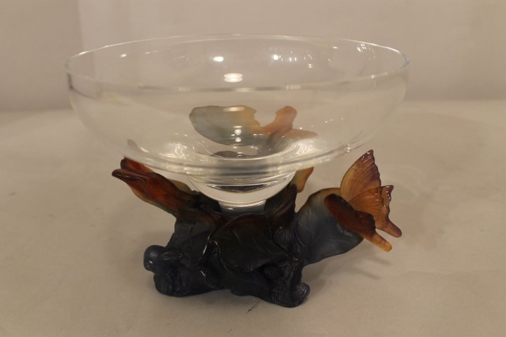 Daum France Butterfly Base Bowl: Signed Daum France Pate De Vere base bowl with clear glass top. Base has multiple butterfly's on it. Size is 6" talll