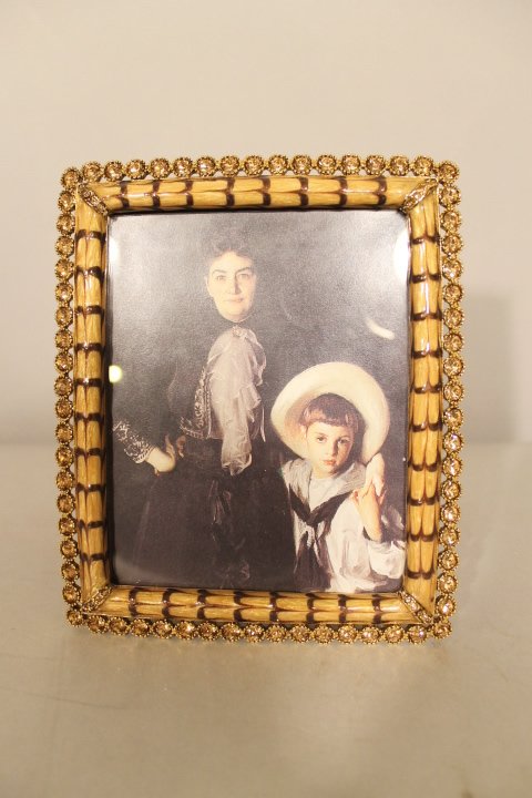 Jay Strongwater Frame: Jewelled and bamboo enamelled frame, size is 6 1/2" x 5 1/2". Fits a 4 x 5 photo