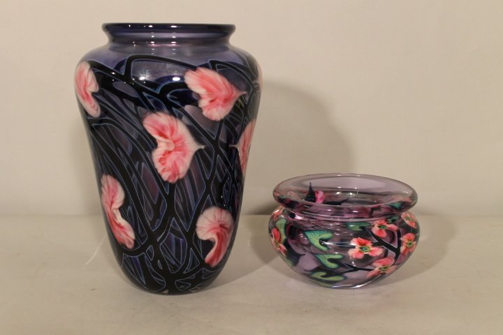2 Signed John Lotton Art Glass Vases: 1. Purple iridescent floral design, size is 11 1/2" tall by 7 1/2" wide, signed illegibly and dated 1993 2. Floral design 4" tall by 6 1/4" wide signed John Lotton and dated 1995