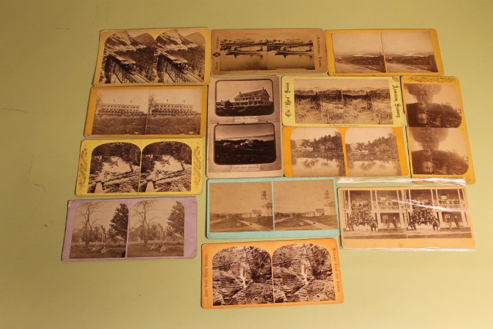 13 Sterioptic Views: 1.Mohonk House 2.Profile Gorge Ithaca 3.Library Institute newLondon NH 4.Village New London 5.House New London 6.Grist Mill, Tannery 7.Flume W. Mountain 8.Mt Washington 9.Lake Sunapee 10.Mt. House Sun