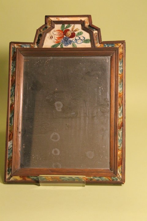 18th Century Courting Mirror: Courting mirror, pine with reverse painted floral top and marbelized glass border, original glass, size is 15 x 10 1/2"