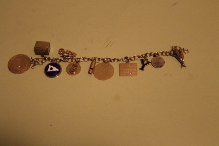 14kt Gold Charm Bracelet: 14 kt gold charm bracelet with 11 14 kt gold charms, money box with hammer, flag, motorcycle, whistle, jonah & whale, map, callendar, yshape, 2 round discs. Overall weight is 29.6 grams