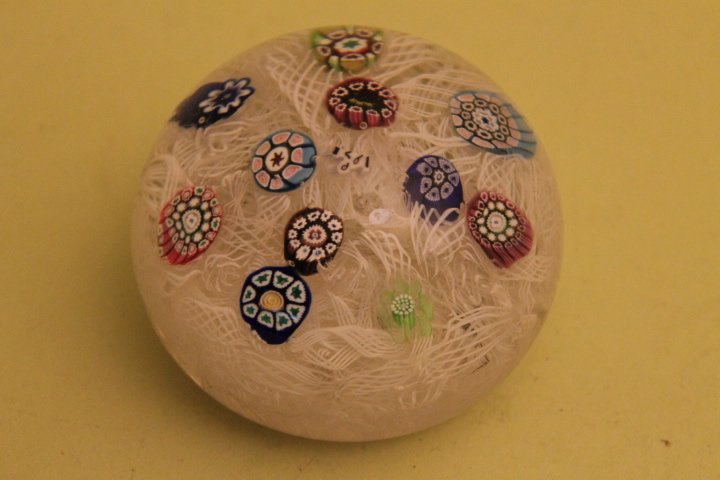 Perthshire 1971 Paperweight: Perthshire paperweight signed and dated 1971, complex canes on white muslin, 2 13/16 wide