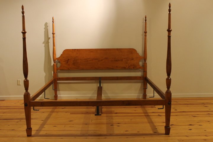 David Lefort custom King Size Bed: David Lefort bench made king size tigered maple 4 poster bed, cabinetmaker Teddy Fountain, posts are 72" tall, label attached.Size is inside dimensions, 81 1/8 long by 76 7/8" wide. Outside dimensions