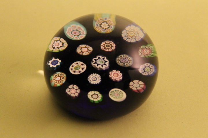 Perthshire Contemporary Paperweight: Perthshire paperweight, millefiore on cobalt ground, with 19 complex multiple colored canes, size is 3" wide