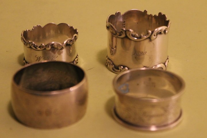 4 Stering Napkin Rings: 1. "John 1890" 2."W.j.C. 1860" 3. "Virginia" 4. Signed Tiffany and monogrammed S.D.C.