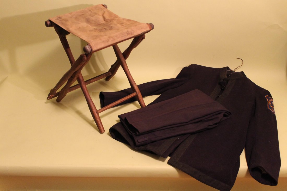 Civil War Field Stool & 30'sJacket: Field stool belonging to Hyram H. Hall during the civil war along with a 1930's Sons of Union Veterans jacket belonging to C.C. Hall