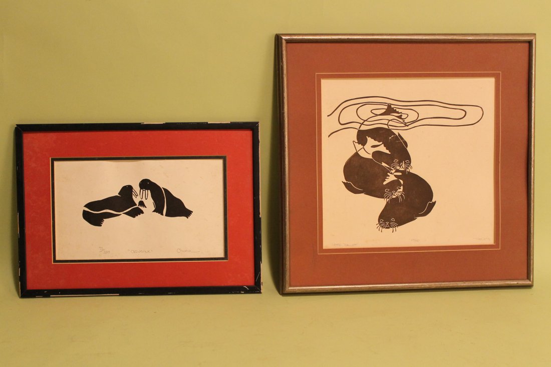 Lot of 2 Inuit Prints: 1. Asvarek by Chuna 7 x 11 3/4" 2. Water Ballet, signed illegibly, sight size is 12 x 12 1/2"