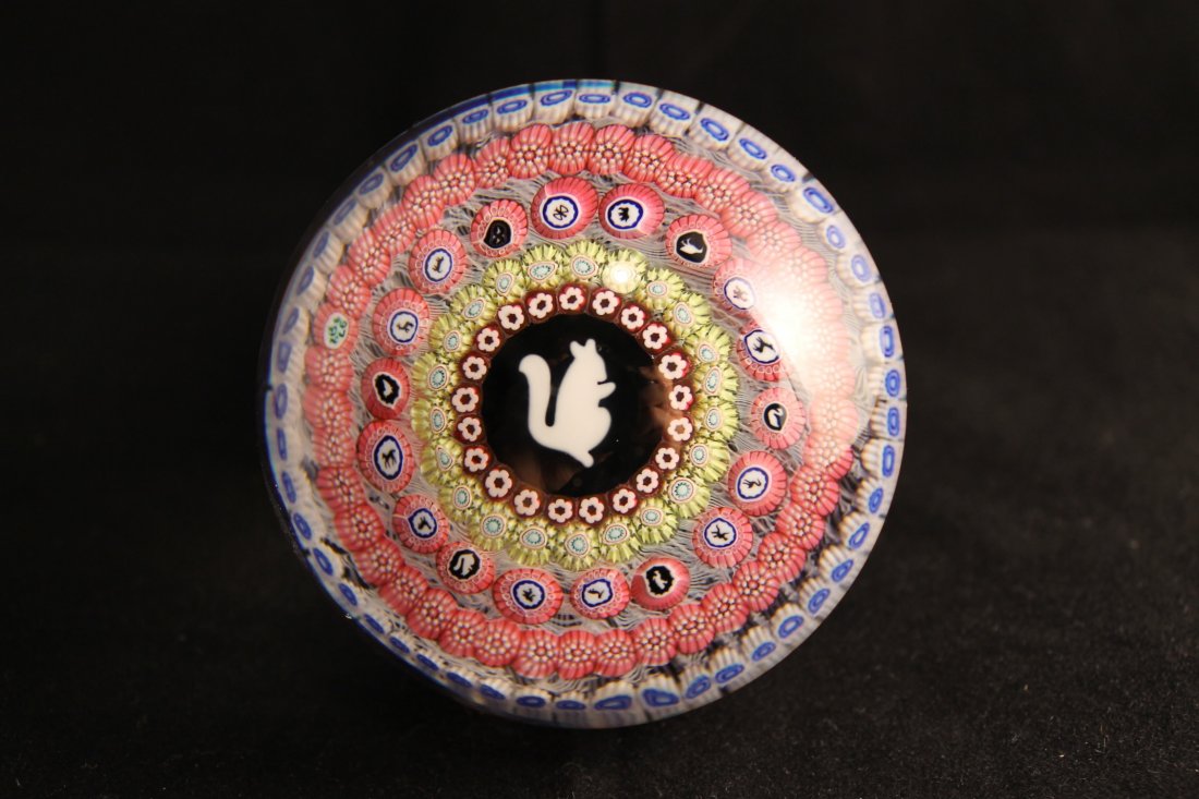Baccarat Gridel Paperweight: Baccarat griel paperweight, milifiore canes around zodiac cane with central silhouette of a squirrel, size is 3 1/4"