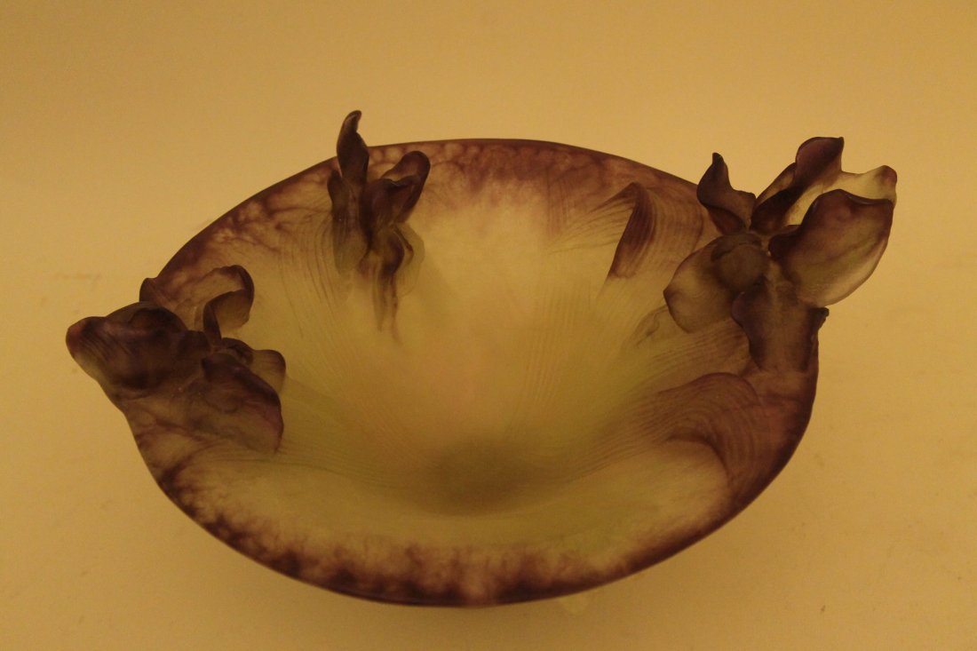 Signed Daum France Iris Bowl: Daum France signed on bottom rim Iris pattern bowl. Size is 7" tall by 10" diameter