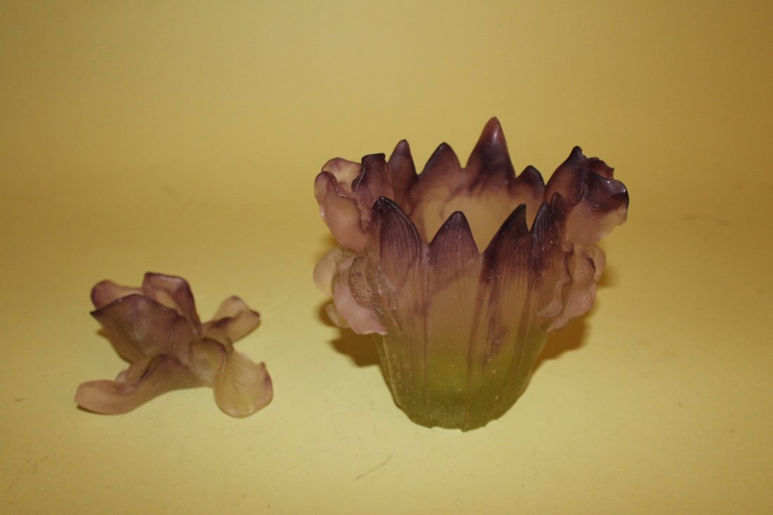 2 Pcs of Daum, France Iris Pattern: 1. Daum Iris vase, 4 3/4" tall by 5 1/4" wide signed on base 2. Iris Flower, 1 3/4" tall by 4" diameter, signed on base