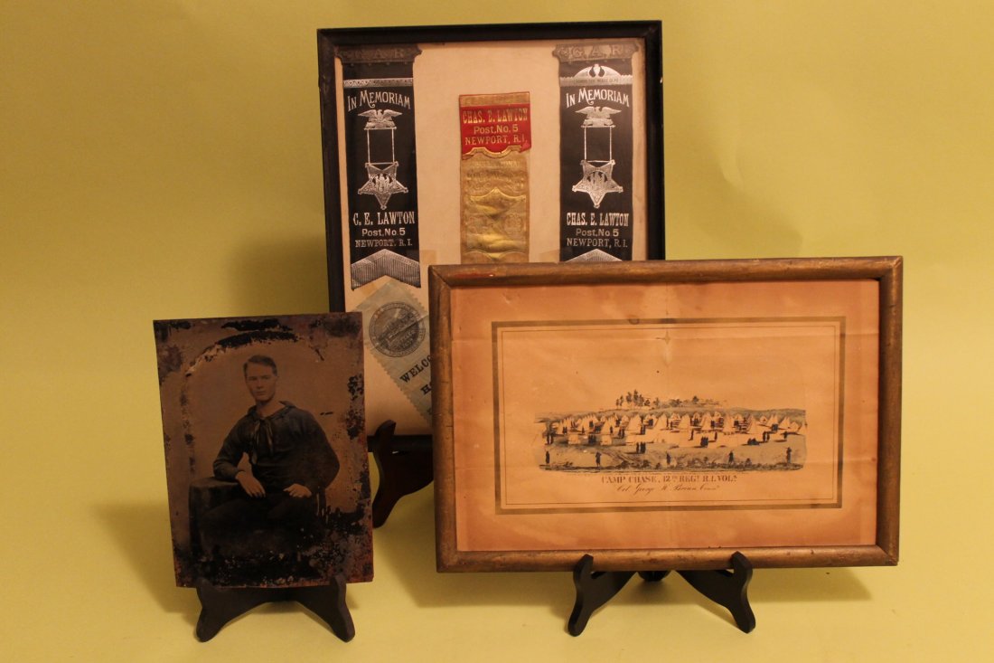 3 Framed Civil War Era Items: 1. Framed memorial ribbons, 1861-1866, Welcome home 1859, Newport RI, G.A.R. memorial, and an 1888 reunion 2. Colored print of Camp Chase, 12th Regiment RI 9 1/2" x 14 1/4" 3. Whole plate tin type of 