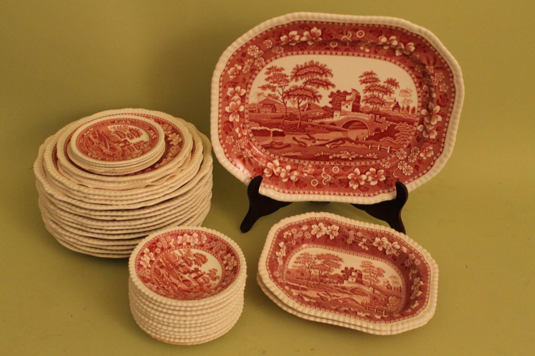 Spode & Copeland Spode 35 pc Partial Service: "Spode Tower" pattern porcelain partial dinner service of 35 pcs to include 11 dinner plates 10 1/2", 3- 9 1/4" plates, 2-8" plates, 5-5 1/4" plates, 11-6" bowls, 2- 9 3/4" x 7 1/2" servers, 1-14 1/2"
