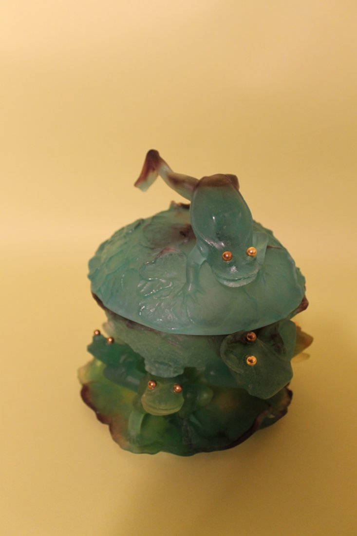 Daum France Frog Covered Box: Script signed base, Daum France covered box with frog applique, size is 8" tall by 8" wide