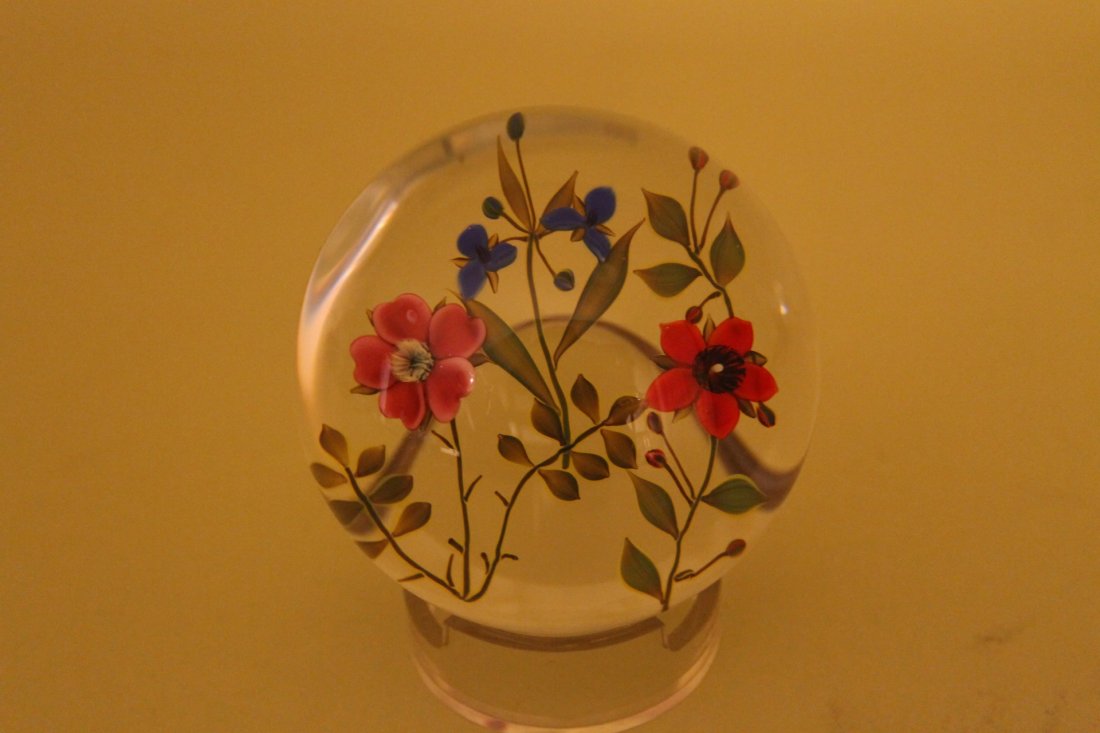 Paul Stankard Floral Paperweight: Delicate floral paperweight with clear background, 3 flowers, blue, pink, and red w/stem and leaves, size is approximately 2 3/4" signature cane with S and #27676