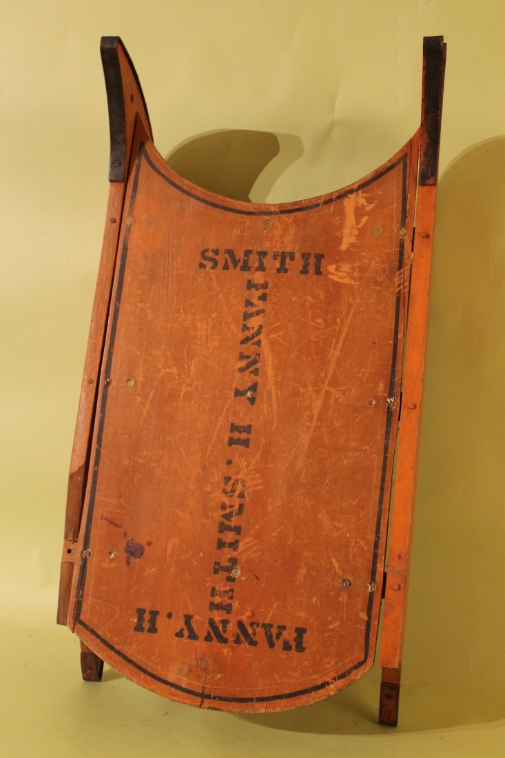 Fanny Smiths Sled: Youth sled stamped, belonging to Fanny Smith from the Neill estate of Saxtons River. Wife of James K. Bancroft. Size is 30 1/2" x 16 1/4" and a height of 6"