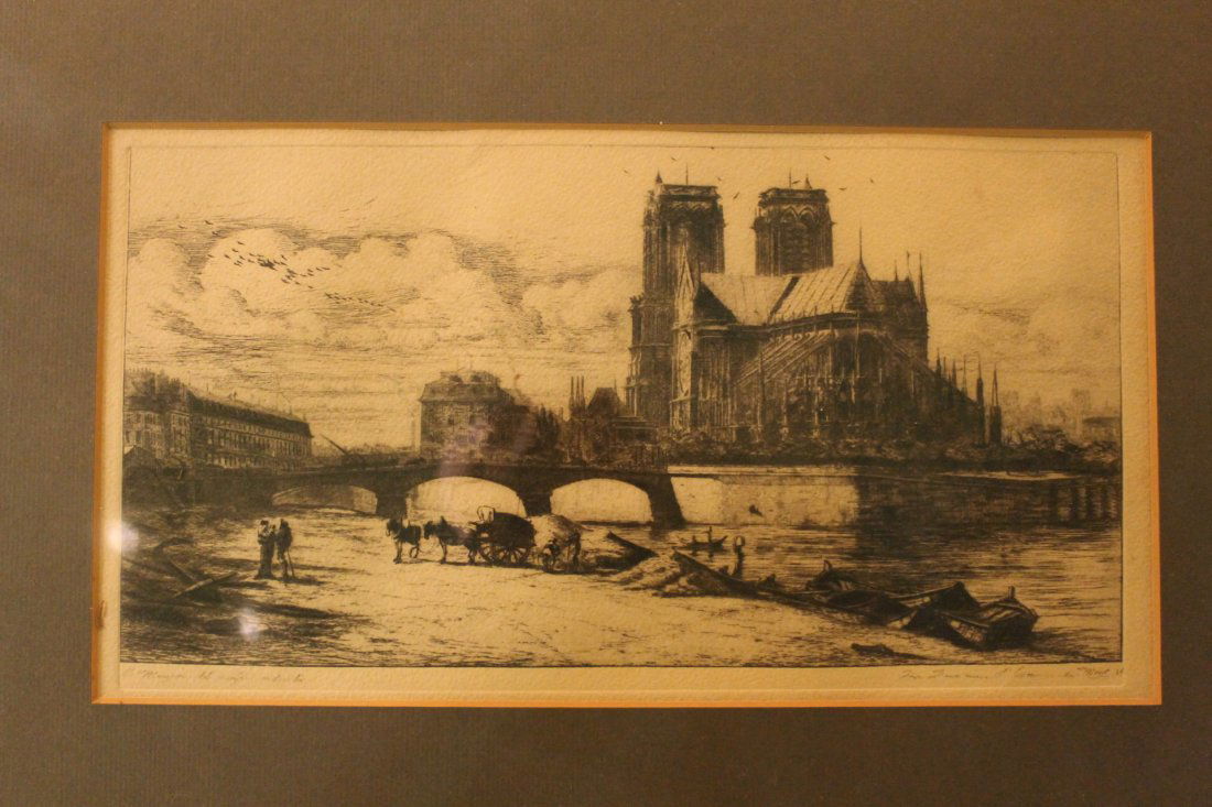 Charles Meryon Etching: French, "View of Notre Dame De Paris Grounded Boats." Sight size measures 5 1/4" by 10 1/8", framed