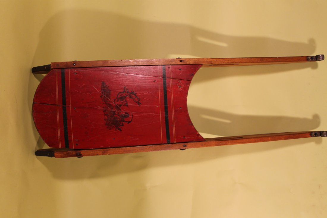 19th Century Sled: Early sled with red painted interior and stag stenciling. Size is 36 1/2" long