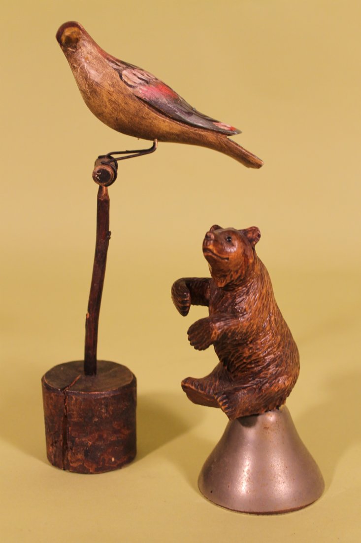 Black Forest Bear Bell & Polychromed Bird: 1. Bear bell, overall height is 5 1/4" 2. Polychromed bird overall 8 1/2" [bear, arms are attached]