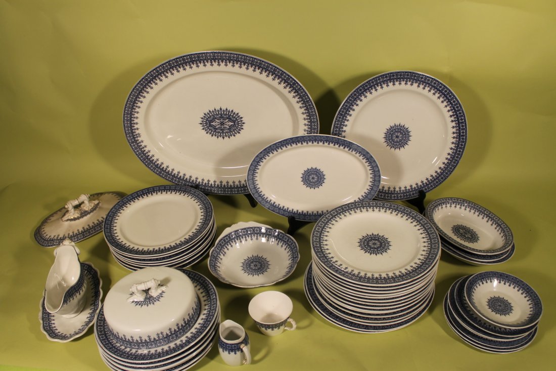 Copeland Spode, English Porcelain "Boston" Pattern: Copeland Spode and other English Company's "Boston" pattern porcelain set. 48 pcs total. Platters, gravy boat, servers, plates