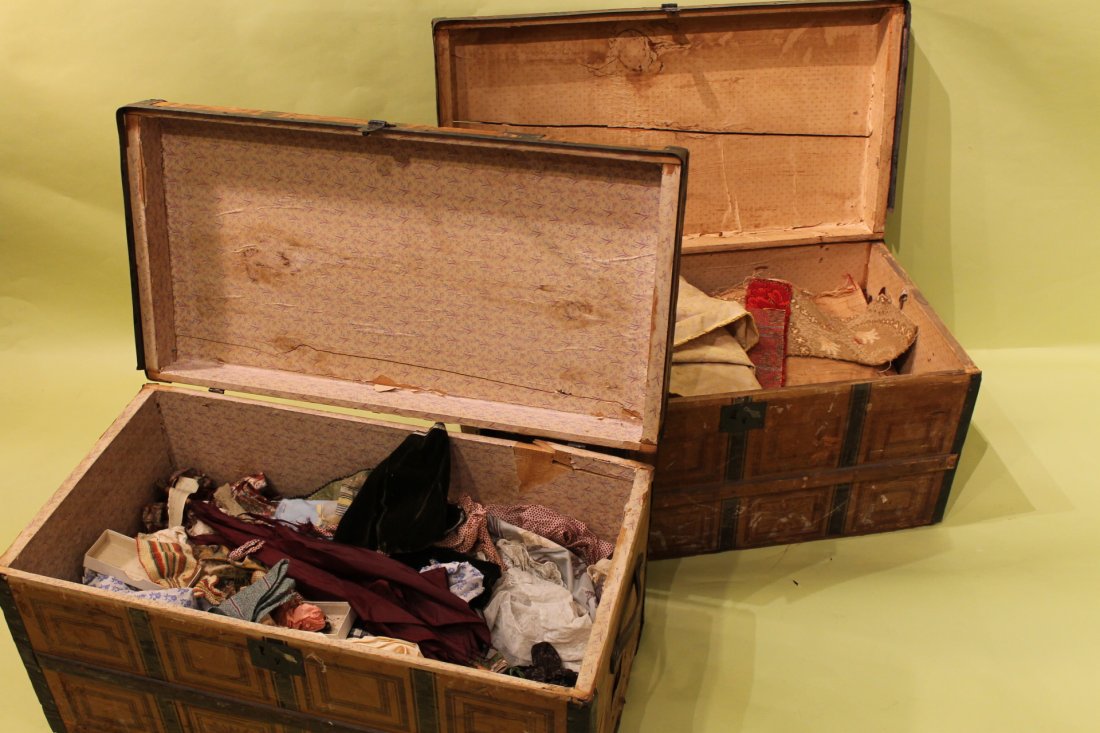 2 Trunks, w/ Early Fabric: Lot of two early trunks with fabrics, lace, tatting and other, from the Humphrey Bancroft Neill estate out of Saxton's River VT. Author of "The Art of Contrary Living" also known as the "Vermont Rumin