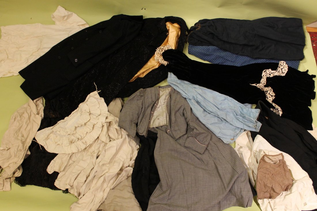 Early Clothing Lot: Lot of early clothing including 2 coats, vests, skirts, bonnetts, dresses, in assorted types of fabrics. from the Humphrey Bancroft Neill estate out of Saxtons River VT. Author of "The Art of Contrary